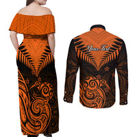 Personalised New Zealand Couples Matching Off Shoulder Maxi Dress and Long Sleeve Button Shirts Aotearoa Maori Kiwi Orange Fern - Wonder Print Shop
