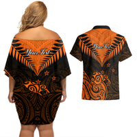 Personalised New Zealand Couples Matching Off Shoulder Short Dress and Hawaiian Shirt Aotearoa Maori Kiwi Orange Fern - Wonder Print Shop