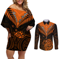 Personalised New Zealand Couples Matching Off Shoulder Short Dress and Long Sleeve Button Shirts Aotearoa Maori Kiwi Orange Fern - Wonder Print Shop