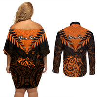 Personalised New Zealand Couples Matching Off Shoulder Short Dress and Long Sleeve Button Shirts Aotearoa Maori Kiwi Orange Fern - Wonder Print Shop