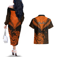 Personalised New Zealand Couples Matching Off The Shoulder Long Sleeve Dress and Hawaiian Shirt Aotearoa Maori Kiwi Orange Fern - Wonder Print Shop
