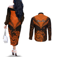 personalised-new-zealand-couples-matching-off-the-shoulder-long-sleeve-dress-and-long-sleeve-button-shirts-aotearoa-maori-kiwi-orange-fern