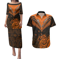 Personalised New Zealand Couples Matching Puletasi Dress and Hawaiian Shirt Aotearoa Maori Kiwi Orange Fern - Wonder Print Shop
