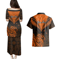 Personalised New Zealand Couples Matching Puletasi Dress and Hawaiian Shirt Aotearoa Maori Kiwi Orange Fern - Wonder Print Shop