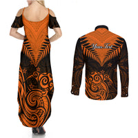 Personalised New Zealand Couples Matching Summer Maxi Dress and Long Sleeve Button Shirts Aotearoa Maori Kiwi Orange Fern - Wonder Print Shop