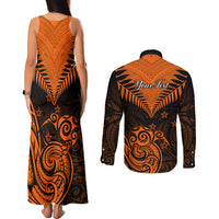 Personalised New Zealand Couples Matching Tank Maxi Dress and Long Sleeve Button Shirts Aotearoa Maori Kiwi Orange Fern - Wonder Print Shop