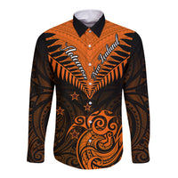 Personalised New Zealand Long Sleeve Button Shirt Aotearoa Maori Kiwi Orange Fern - Wonder Print Shop