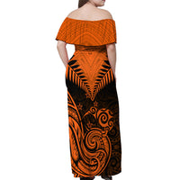 Personalised New Zealand Off Shoulder Maxi Dress Aotearoa Maori Kiwi Orange Fern - Wonder Print Shop
