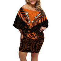 Personalised New Zealand Off Shoulder Short Dress Aotearoa Maori Kiwi Orange Fern - Wonder Print Shop