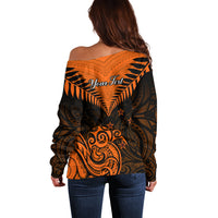 Personalised New Zealand Off Shoulder Sweater Aotearoa Maori Kiwi Orange Fern - Wonder Print Shop
