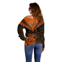 Personalised New Zealand Off Shoulder Sweater Aotearoa Maori Kiwi Orange Fern - Wonder Print Shop