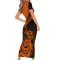 Personalised New Zealand Short Sleeve Bodycon Dress Aotearoa Maori Kiwi Orange Fern - Wonder Print Shop