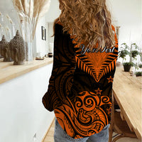 Personalised New Zealand Women Casual Shirt Aotearoa Maori Kiwi Orange Fern - Wonder Print Shop