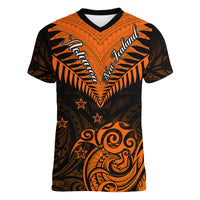Personalised New Zealand Women V Neck T Shirt Aotearoa Maori Kiwi Orange Fern - Wonder Print Shop