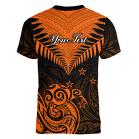 Personalised New Zealand Women V Neck T Shirt Aotearoa Maori Kiwi Orange Fern - Wonder Print Shop