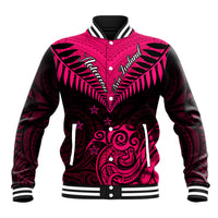 Personalised Aotearoa Baseball Jacket Maori Kiwi Pink Fern - Wonder Print Shop