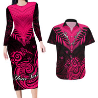 Personalised Aotearoa Couples Matching Long Sleeve Bodycon Dress and Hawaiian Shirt Maori Kiwi Pink Fern - Wonder Print Shop
