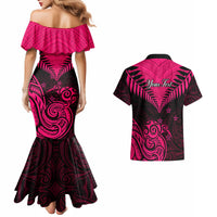 Personalised Aotearoa Couples Matching Mermaid Dress And Hawaiian Shirt Maori Kiwi Pink Fern - Wonder Print Shop