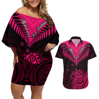 Personalised Aotearoa Couples Matching Off Shoulder Short Dress and Hawaiian Shirt Maori Kiwi Pink Fern - Wonder Print Shop