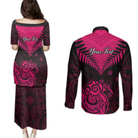 Personalised Aotearoa Couples Matching Puletasi Dress and Long Sleeve Button Shirts Maori Kiwi Pink Fern - Wonder Print Shop