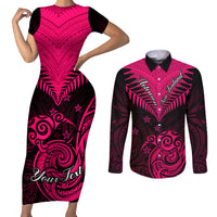 Personalised Aotearoa Couples Matching Short Sleeve Bodycon Dress and Long Sleeve Button Shirts Maori Kiwi Pink Fern - Wonder Print Shop