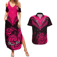 Personalised Aotearoa Couples Matching Summer Maxi Dress and Hawaiian Shirt Maori Kiwi Pink Fern - Wonder Print Shop