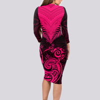 Personalised Aotearoa Long Sleeve Bodycon Dress Maori Kiwi Pink Fern - Wonder Print Shop