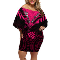 Personalised Aotearoa Off Shoulder Short Dress Maori Kiwi Pink Fern - Wonder Print Shop