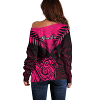 Personalised Aotearoa Off Shoulder Sweater Maori Kiwi Pink Fern - Wonder Print Shop