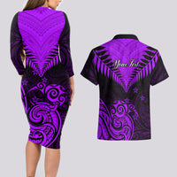 Personalised Aotearoa Couples Matching Long Sleeve Bodycon Dress and Hawaiian Shirt Maori Kiwi Purple Fern - Wonder Print Shop