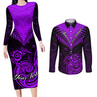 Personalised Aotearoa Couples Matching Long Sleeve Bodycon Dress and Long Sleeve Button Shirts Maori Kiwi Purple Fern - Wonder Print Shop