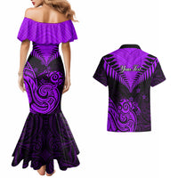Personalised Aotearoa Couples Matching Mermaid Dress And Hawaiian Shirt Maori Kiwi Purple Fern - Wonder Print Shop