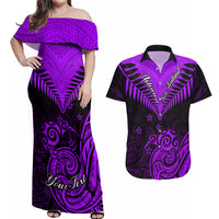 Personalised Aotearoa Couples Matching Off Shoulder Maxi Dress and Hawaiian Shirt Maori Kiwi Purple Fern - Wonder Print Shop