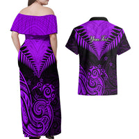 Personalised Aotearoa Couples Matching Off Shoulder Maxi Dress and Hawaiian Shirt Maori Kiwi Purple Fern - Wonder Print Shop