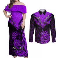 Personalised Aotearoa Couples Matching Off Shoulder Maxi Dress and Long Sleeve Button Shirts Maori Kiwi Purple Fern - Wonder Print Shop