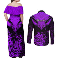 Personalised Aotearoa Couples Matching Off Shoulder Maxi Dress and Long Sleeve Button Shirts Maori Kiwi Purple Fern - Wonder Print Shop