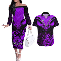 Personalised Aotearoa Couples Matching Off The Shoulder Long Sleeve Dress and Hawaiian Shirt Maori Kiwi Purple Fern - Wonder Print Shop