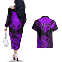Personalised Aotearoa Couples Matching Off The Shoulder Long Sleeve Dress and Hawaiian Shirt Maori Kiwi Purple Fern - Wonder Print Shop