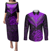 Personalised Aotearoa Couples Matching Puletasi Dress and Long Sleeve Button Shirts Maori Kiwi Purple Fern - Wonder Print Shop