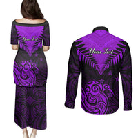 Personalised Aotearoa Couples Matching Puletasi Dress and Long Sleeve Button Shirts Maori Kiwi Purple Fern - Wonder Print Shop