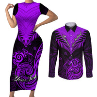 Personalised Aotearoa Couples Matching Short Sleeve Bodycon Dress and Long Sleeve Button Shirts Maori Kiwi Purple Fern - Wonder Print Shop