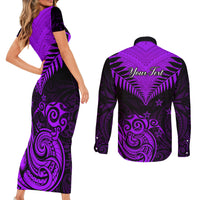 Personalised Aotearoa Couples Matching Short Sleeve Bodycon Dress and Long Sleeve Button Shirts Maori Kiwi Purple Fern - Wonder Print Shop