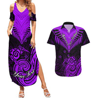 Personalised Aotearoa Couples Matching Summer Maxi Dress and Hawaiian Shirt Maori Kiwi Purple Fern - Wonder Print Shop