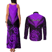 Personalised Aotearoa Couples Matching Tank Maxi Dress and Long Sleeve Button Shirts Maori Kiwi Purple Fern - Wonder Print Shop
