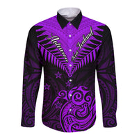Personalised Aotearoa Long Sleeve Button Shirt Maori Kiwi Purple Fern - Wonder Print Shop