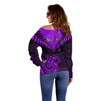 Personalised Aotearoa Off Shoulder Sweater Maori Kiwi Purple Fern - Wonder Print Shop