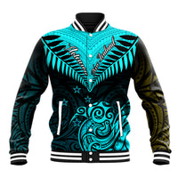 Personalised Aotearoa Baseball Jacket Maori Kiwi Turquoise Fern - Wonder Print Shop