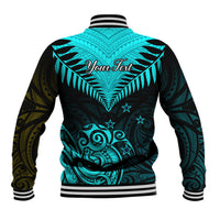 Personalised Aotearoa Baseball Jacket Maori Kiwi Turquoise Fern - Wonder Print Shop