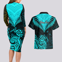 Personalised Aotearoa Couples Matching Long Sleeve Bodycon Dress and Hawaiian Shirt Maori Kiwi Turquoise Fern - Wonder Print Shop