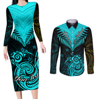 Personalised Aotearoa Couples Matching Long Sleeve Bodycon Dress and Long Sleeve Button Shirts Maori Kiwi Turquoise Fern - Wonder Print Shop
